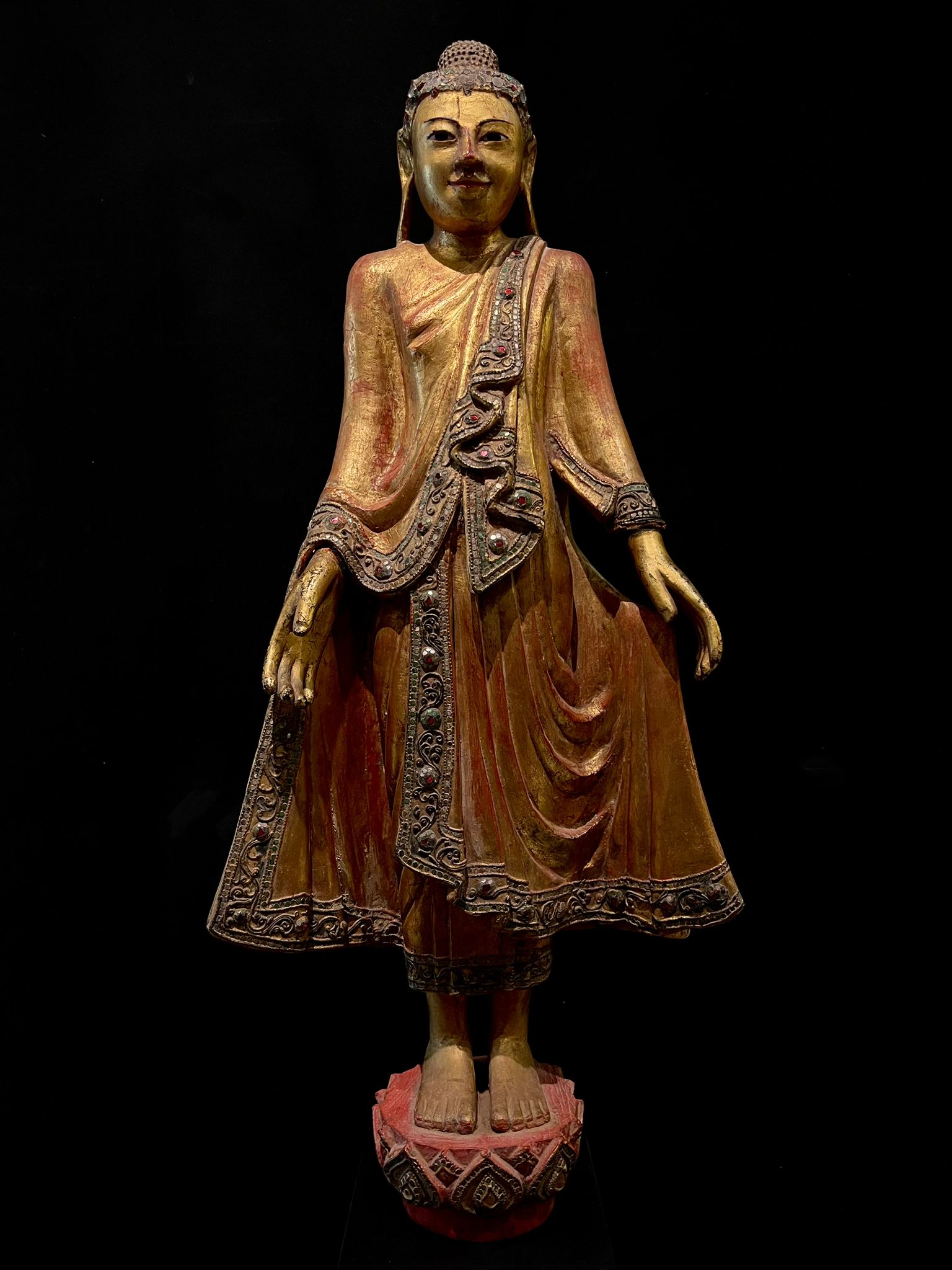 Gilded lacquered wood inlaid with glass standing Buddha on lotus base  in calling the rain pose- 7223